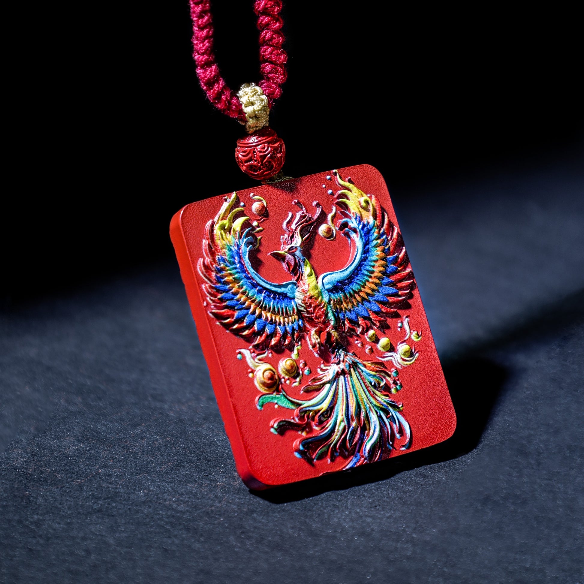 Cinnabar Fire Phoenix Thangka Pendant with colorful phoenix design, red cinnabar showcases spiritual and cultural significance.