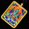 Hand-painted 24K Gold Green Tara Thangka Pendant showcasing vibrant colors and intricate details of the Green Tara deity.